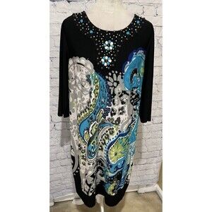 Sandra Darren Dress Women’s Black Aqua White Casual Sheath Over Beaded  Plus 14W